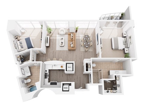 A top-down view of a modern apartment layout.